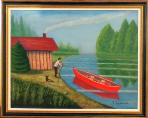 Red boat in a lake painted by Ioannis Chrysochos from Cyprus