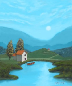 Blue Lake in Moonlight Digital painting
